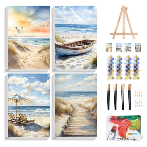 4 Pack Paint by Numbers Kit for Adults with Frame, Beach DIY Painting Kit - color: CYOP4P02