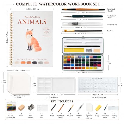 Drawmend Watercolor Paint Set & Workbook for Beginners, 50 Colors, 4 Brushes, 12 Step-by-Step Projects, 300 GSM Paper, 11 x 8.3 in Lay-Flat Book for Adults,Creative Art Gift (Animals, with Palette) - color: Animals, size: With Palette