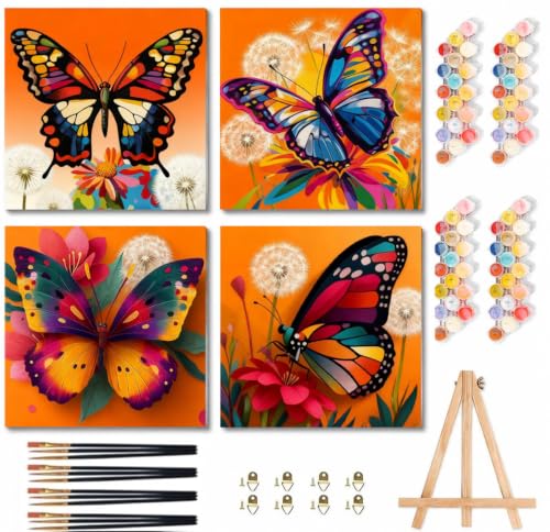 4 Pack Butterfly Paint by Numbers Kit for Kids with Frame Easel 8x8 inch | Butterfly Paint by Number for Kids Age 6-8-12, 4 Pack Mini Painting by Number for Gift Home Wall Decor - color: BKH2256-2259-US