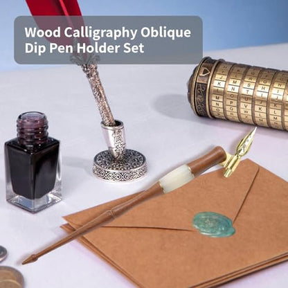 Wood Calligraphy Oblique Dip Pen Holder Set | Removable Nib Pen Handle with 5 Nibs for English Calligraphy Drawing Comic, Brown - color: Brown