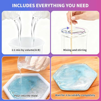 Minlebao Crystal Clear Epoxy Resin Kit 1 Gallon, High Gloss Bubble-Free Coating & Casting for DIY Art, Jewelry Making, River Tables - 1:1 Ratio with Measuring, Silicone Mold and Usage Tools - size: 1Gallon