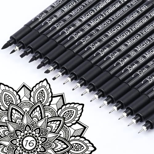 KERIFI Micro Fineliner Drawing Pens for Artists, 16 Black Fine Liner Markers, Waterproof Archival Ink Multiliner Pens, Technical Mandala Zentangle Book Accessories, Art Supplies Stuff Gifts for Adults - color: 16 Black (Assorted Nib)