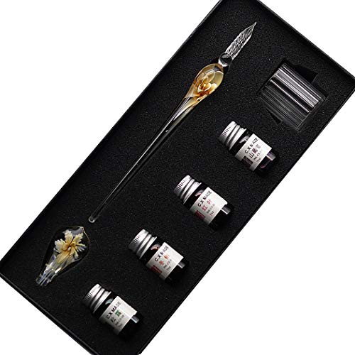 Crystal Glass Intarsia Dip Pen Fountain Pen Kit Vintage Calligraphy Signatures Pen with 4 Colors Ink, Pen Holder, Cleaning Cup, Yellow - color: Yellow