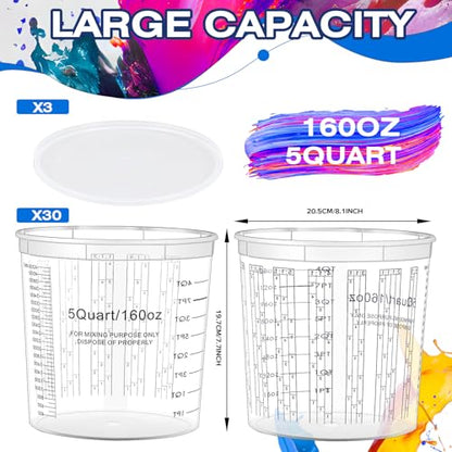 Mifoci 30 Pcs Paint Mixing Cups 5 Quart Graduated Mixing Bucket with 6 Lids - size: 160 oz