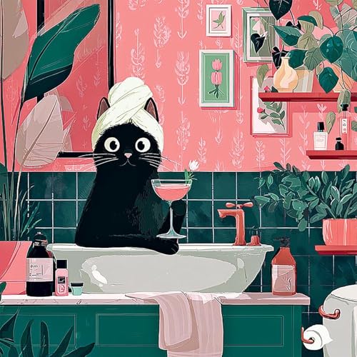 Accompany Wind Black Cat Diamond Art Kits for Adults, 5D Cute Animals Diamond Painting Kits for Beginners,DIY Round Full Drill Diamonds Gem Art Crafts for Home Wall Decor Gifts 14x14 Inch - color: Bathing cat