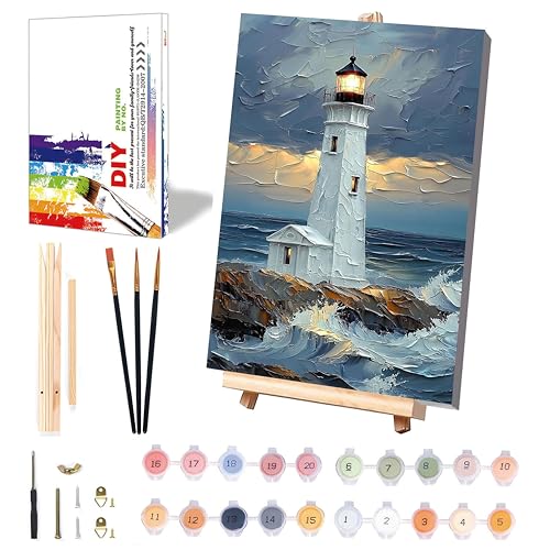 xackcme Lighthouse Paint by Numbers for Adults with Framed Canvas 8x12 inch | Landscape Paint by Number for Beginners, DIY Acrylic Oil Painting on Canvas with Wooden Easel Brushes for Home Wall Decor - color: BKH2208