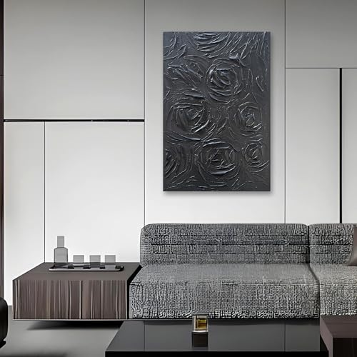 NANKAI Art Hand-Painted Black Rose Texture Abstract Art Oil Painting, Modern Style Abstract Wall Decoration, Three-Dimensional Simple Black Flower Texture Relief, Vertical Painting 36x24 inches - color: Nkhb376