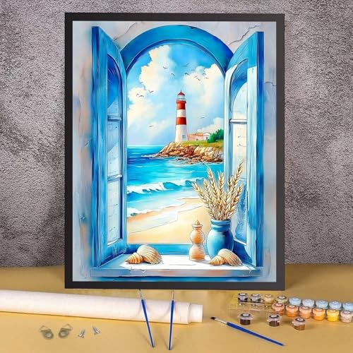 RICUVED Beach Paint by Numbers for Adults, Window View Paint by Numbers Kit for Adults Beginners, Seaside DIY Acrylic Lighthouse Oil Painting on Canvas Easy for Gift Home Wall Decor 16x20 Inch - color: SO017