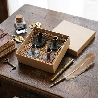TXIN 4 Pieces Vintage Round Metal Feather Pen Holder, Retro Feather Quill Dip Pen Stand Base, Antique Pen Insertion Plug for Office Supplies Student Stationery Gift