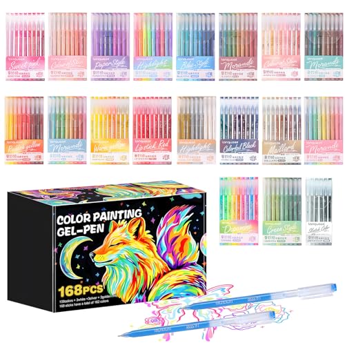168 Color Gel Pens, 0.6 mm Fine Tip Gel Pens for Coloring with Portable Case—Assorted Colored Pens for Adult Coloring Books, Journaling, Scrapbooking, Painting, Drawing & DIY Crafts, Water-Based