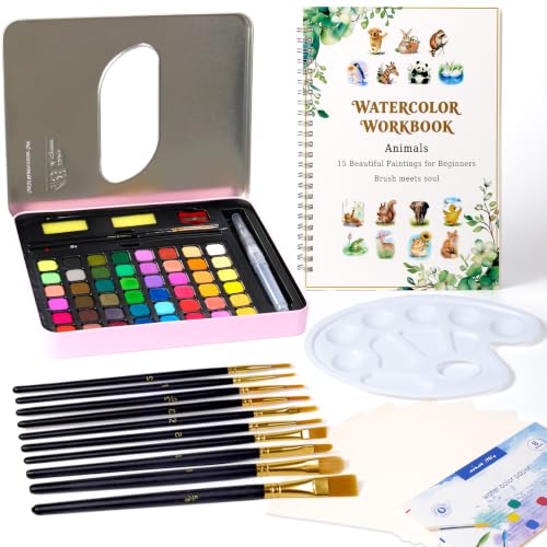 48 Colors Watercolor Paint Set for Adult Beginner with Watercolor Workbook | ,Palette, Brushes & Storage Bag, Animal Water Coloring Books, Beginner-Friendly Step-by step Watercolor Books - color: c-48clolor-animal