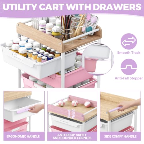 SYKIARIOL Utility Cart with 5 Labeling Drawers and Wooden Tabletop,Purple - color: Dreamy Color, size: 5-Drawer