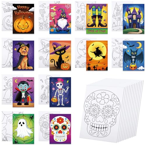 Anseal 12 Packs Pre Drawn Canvas to Paint, 5" X 7" Halloween Pre Printed Canvas for Kids, Pre Stretched Canvas Outline Painting Boards for Beginners, Students, Party Favor - style: Halloween