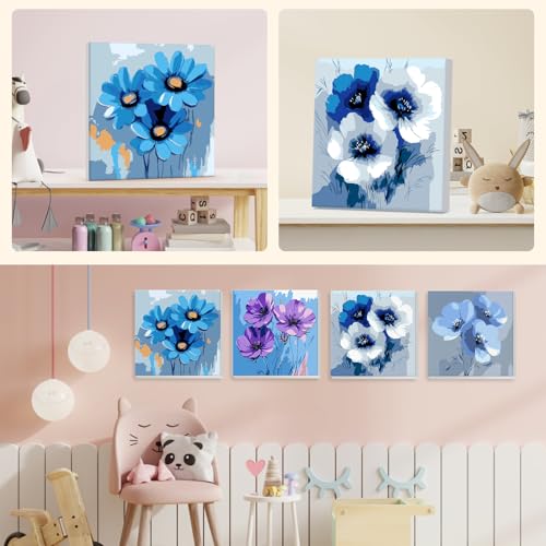 NEWENMO 4 Pack Paint by Numbers for Adults with Wooden Framed, Blue Flowers, Paint by Number Kits on Canvas for Beginner, DIY Acrylic Oil Painting Kits for Home Decor 8x8 inch, Beautiful Flowers - color: blue-flower