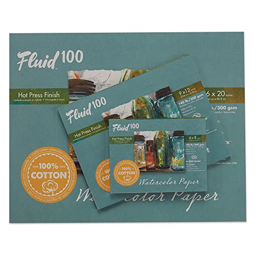 Fluid 100 Watercolor Paper Block, 9 x 12 inches, 15 Sheets, 140 lb (300 GSM) 100% Cotton Hot Press Pad for Artist Painting and Wet Media - size: 9 x 12