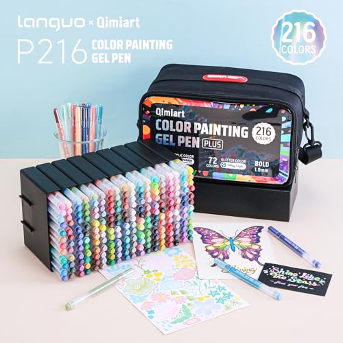 languo 216 Colors Acrylic Gel Pens with Glitter Gel Pens Set, 1mm Bold Tip | 144 Acrylic and 72 Glitter Colors, Large Capacity Ink, Portable Carrying Case for Journaling, Drawing and Creative Crafts