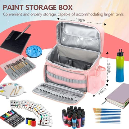 Acrylic Paint and Brush Set Organizer Bag - Carrying Case Compatible with Apple Barrel, Shuttle Art, Caliart Art Supplies - Includes Detachable Paint Brush Holder - for Home/Travel/Outdoor (Pro Pink) - color: Pro Pink