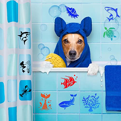 80 Pcs 3 x 3 Inch Stencils for Painting on Wood, Reusable Sea Ocean Creatures Mermaid Dolphin Shark Plastic Stencils DIY Craft Paint Template Set for Wall Home Decor - style: Ocean
