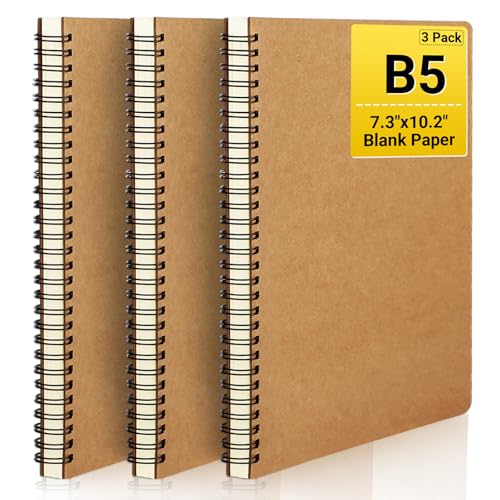 EUSOAR Spiral Blank Notebooks, B5 3 packs 7.3"x10.2" Unlined Travel Writing Notebooks Journal, Memo Notepad Sketchbook, Students College Office Business Subject Diary Spiral Book Journal-Kraft Cover - color: Kraft, size: B5-3 Packs