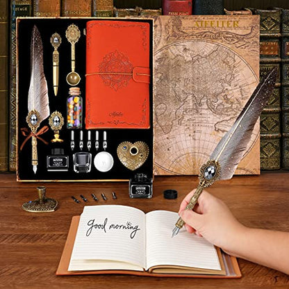 Aifeiter Feather Pen Ink Set,Includes Quill Pen,Notebook,Ink,5 Replaceable Nibs,Pen Holder,Cup,Seal Stamp,Spoon,Wax Bead,White Wax,Envelope & Letter Paper Etc.Feather Calligraphy Pen Set-Grey - color: Grey