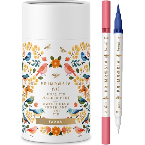 Primrosia Fauna - 60 Dual Tip Watercolor Brush and Fine Tip Pens. Marker Pens for Art Sketching Illustration Calligraphy Permanent Highlighter Bullet Journal Drawing Adult Coloring - color: Fauna