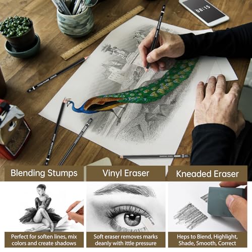 GETHPEN Drawing Sketching Pencil Set, Graphite Pencils (12B-4H), 24Pcs | Art Pencil Kit, Black and White Charcoal Pencils, Stumps, Eraser, Sharpeners, Sketching, Shading, Sketch Set for Artists