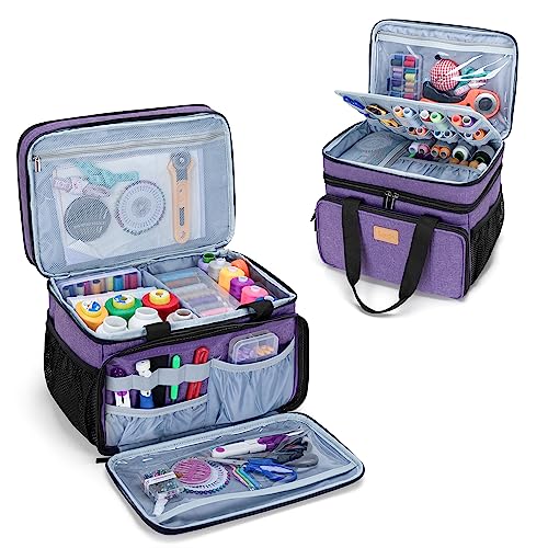 LUXJA Large Sewing Organizer with Many Compartments, Purple | 2 Layers Sewing Storage Bag with Varisized Pockets for Needles, Threads, Scissors and Crafting Supplies (Bag Only) - color: Purple