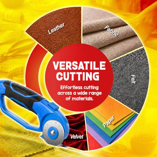 DIYSELF 45mm Rotary Cutter for Fabric, Fabric Cutter Rotary Tool, 5 Blades | Roller Cutter for Fabric with Ergonomic Handle, Safety Lock and Quick-Change Blades for Quilting, Sewing, Paper and Leather - color: Blue