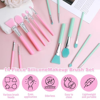 14 Pcs Silicone Makeup Brush Applicator Kit, Silicone Brush Applicator for Cream Makeup Products and UV Resin Epoxy Art Crafting, Resin Face Mask Brushes Green+Pink