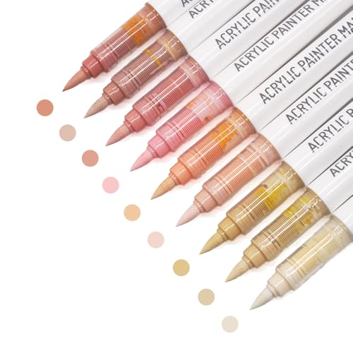 Water Based Acrylic Paint Markers, 9 Colors Paint Pen Set | Colorful of Skin Series, Soft Brush Tip, Smooth Writing, Marker Pen for Rock Painting, Egg, Wood, Glass, Mugs, Black Paper - color: Colorful of Skin Series