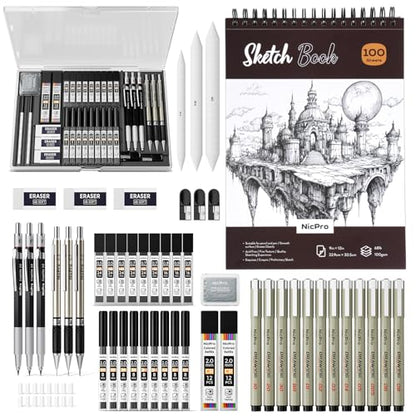Nicpro 52PCS Art Drawing Supplies Kit for Artist Adults Sketching | Metal Mechanical Pencil Set 0.5, 0.7, 0.9 & 2mm, 9x12 Sketch Book, 12 Fineliner Pens, 288 Leads, School Supplies Drawing Kit - size: 52