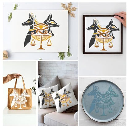 Egyptian Anubis Stencil for Painting, 11.8"x11.8" Reusable Eye of Horus Stencil Drawing Template, Balance Scale DIY Craft Paint Template for Wall Home Decor Wood Burning Card Journal Canvas - style: Classic