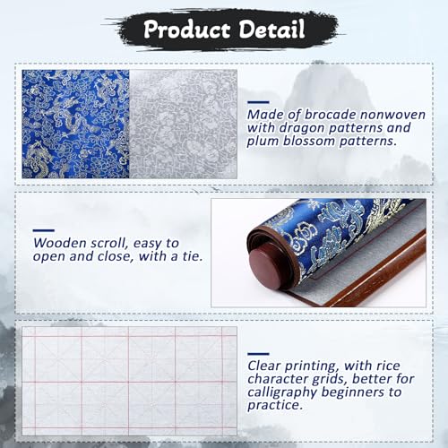 Jaloro Chinese Calligraphy Water Writing Cloth Set, 6 Pcs | No Ink Reusable Practice Scroll Canvas with Brushes and Water Dishes for Beginners