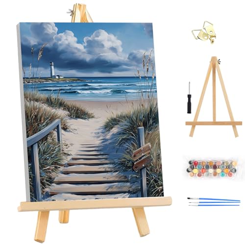 EOBROMD Framed Paint by Numbers Kits for Adults with Wooden Easel, Landscape Seaside DIY Paint by Numbers for Adults Beginner, Painting on Stretched Canvas, Home Decor Gift 10x14 Inch - color: LG048