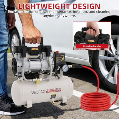 Ultra Quiet Air Compressor, Only 60dB, 2.4 Gallon Tank, Oil-Free, 110V/60Hz 1.5HP, 6.71CFM@115PSI, Air Compressor Perfect for Spray Painting, Auto Repair, Tire inflation, Woodwork nailing - size: 2.4 Gallon