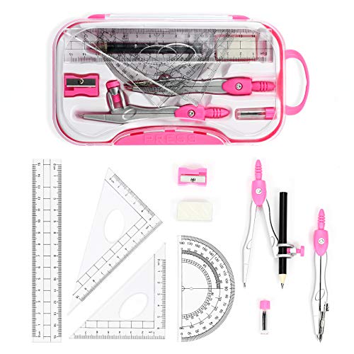 Vobou 10 pcs Math Geometry Set Student Supplies,Compass Kit Set (Pink） | Shatterproof Storage Box,Rulers,Protractor,Compass,Eraser,Pencil Sharpener,Lead Refills,Pencil,for School and Drawing - color: Red