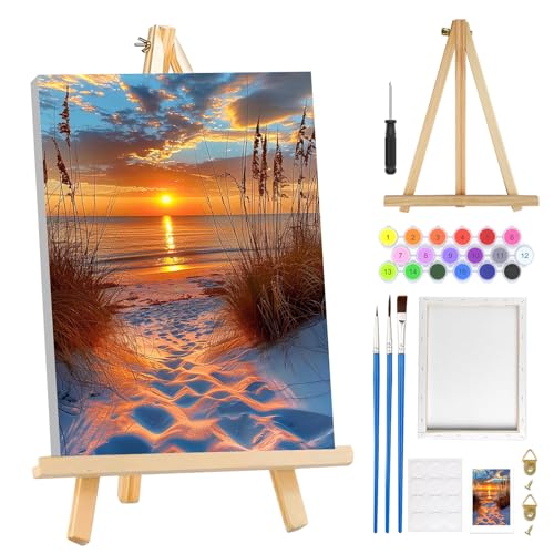 MOGTAA Landscape Paint by Numbers Kit for Adults Beginners with Frame, Beach Adult Paint by Number Kits on Canvas with Easel, Easy DIY Sunset Oil Painting Kits for Home Decor, 8x12in - color: Landscape2
