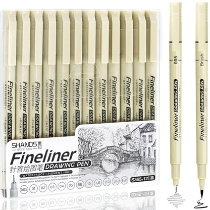 Micro Fineliner Black Drawing Pens,12 Waterproof Watercolor Painting Art Supplies Adults Anime Gifts Artist Fine Line Marker Archival Ink Micron Set Sketch Outline Manga Sketching Zentangle Teen Stuff