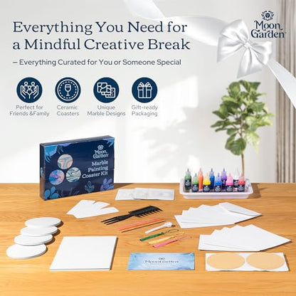 MoonGarden Marble Painting Coaster kit - Marble Painting Kit for Adults - 12 Color Paints, Ceramic Coasters, Bookmark Paper and Cardstock Paper - Relaxing and Creative DIY Activity