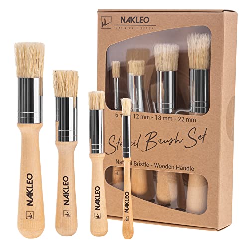 NAKLEO Wooden Stencil Brush Set, 4 Pcs 6, 12, 18, 22 mm, Natural Bristle Paint Brushes for Stenciling, Oil Painting, Acryling, Waxing, Chalk, Watercolor, Arts and Crafts DIY Decorating Tools