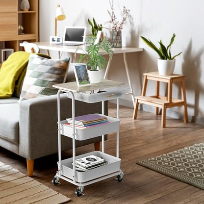 Simple Houseware 3-Tier Rolling Utility Cart with Drawer & Wood Top, Maple - color: Maple