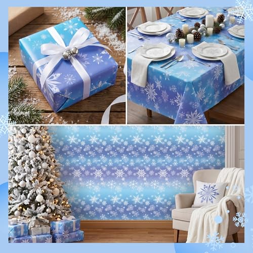 100FT x 54IN Snowflake Plastic Tablecloth Roll with Slide Cutter Box | Heavy Duty Disposable Blue & White Table Cover Wall Backdrop, Cut-to-size for Frozen Birthday Party Supplies - color: Blue and Purple Snowflake, size: 1200" x 54" (Rectangular)