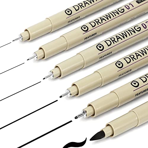 Muchcute Micro Fineliner Drawing Art Pens: 6 Black Artist Supplies Adults | Waterproof Archival Ink Set Pigment Liner Fine Line Markers, Journaling Sketch Outline Manga Anime Gifts Sketching Watercolor - color: 6 Tip Sizes