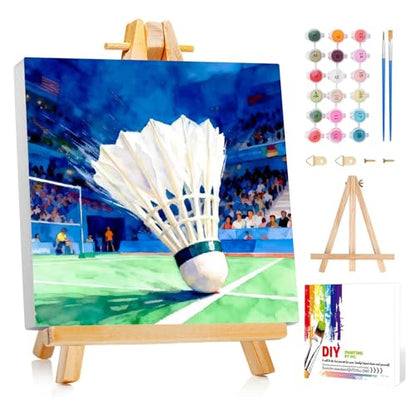Reivworl Framed Badminton Paint by Numbers Kit for Adults Beginner 10×10 inch - color: 12-Badminton