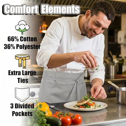 TOSHE Waist Apron 3 Pockets Waterdrop Resistant Cotton Server,Chef,Waitress - color: Gray