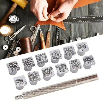 Leather Stamp Tool, 12Pcs Leather Stamping Punch Stamper DIY Leather Craft Making Tools Flower Design Embossing Pattern with Stamping Handle for Leathercrafting