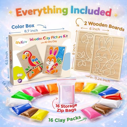 Air Dry Clay for Kids - Modeling Clay for Kids DIY Arts and Crafts Kit with 16 Soft Colored Magic Clay Bags & 2 Engraved Wooden Boards - Wooden Clay Picture Kit for Boys and Girls Ages 4-8