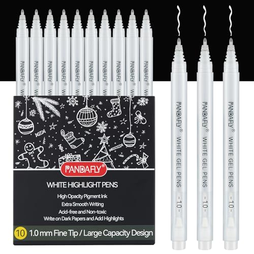 PANDAFLY White Gel Pens, 10-Pack, 1mm Fine Point Opaque Gel Ink Pens ﻿ | White Archival Ink Pens for Highlights, Black Paper Drawing, Sketching, Illustration, Card Making, Bullet Journaling - color: White