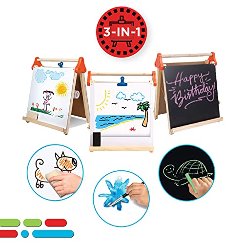 Discovery™ 3-in-1 Tabletop Dry Erase Chalkboard Painting Art Easel, Includes Paper Roll and Oversized Clip, 17 x 15 Inch Wood Frame, Perfect for Children 3+ | Foldable/Portable for Countertop Play