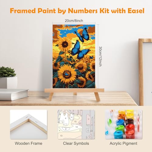 MOGTAA Sunflowers Paint by Numbers Kit for Adults Beginners with Frame, Butterfly Adult Paint by Number Kits on Canvas with Easel, Easy DIY Oil Painting Kits for Home Decor, 8x12in - color: Sunflowers